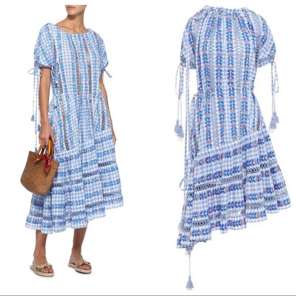 Dodo Bar Or Yolanda Dress Asymmetric Embroidered Check Plaid Cotton-Gauze S NWT - Picture 2 of 12